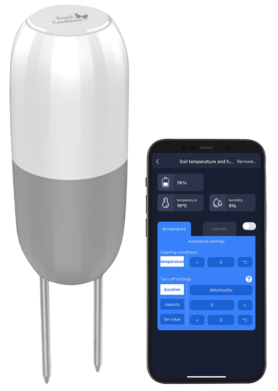Royal Gardineer zonne irrigatiesysteem: 2in1 bodemvochtigheids- en temperatuursensor voor BWC-620.app, BT, IP65 (zonne irrigatiesysteem)