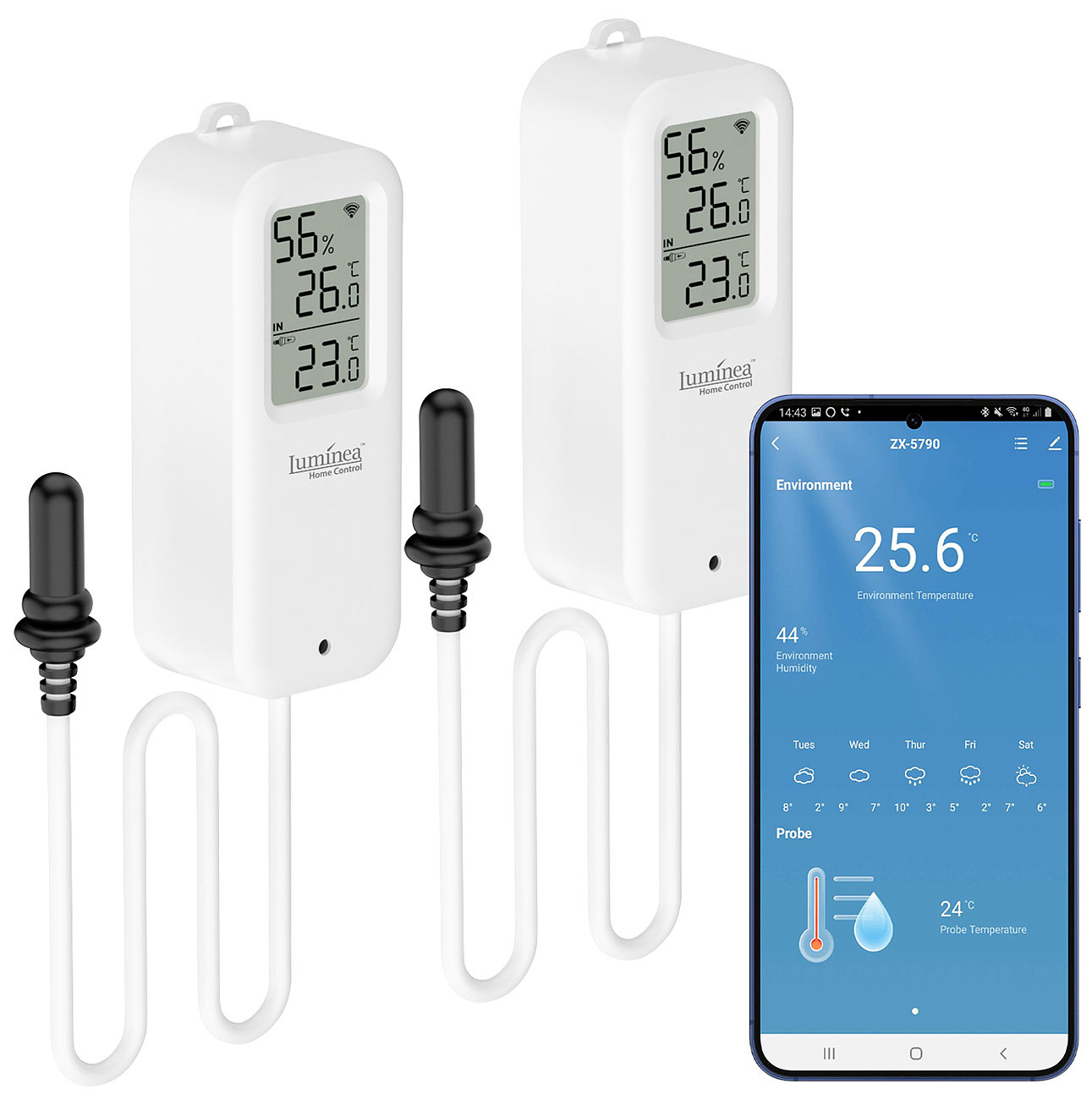 Luminea Home Control slimme thermometer slimme thermometer: 2-delige set WLAN temperatuur-/luchtvochtigheidsmeters, binnen/buiten, app (slimme)