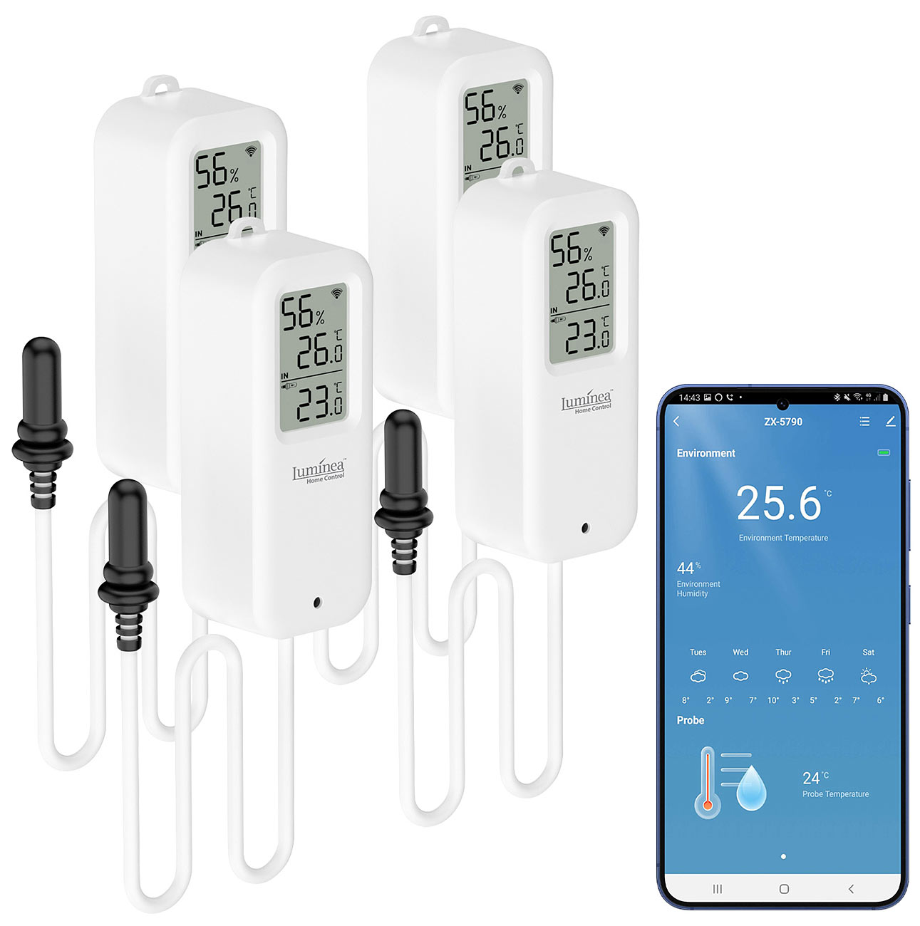 Luminea Home Control WLAN Thermometer innen: 4er-Set WLAN-Temperatur-/Luftfeuchtigkeitsmesser, innen/außen, App (WLAN Thermometer mit Fühler)