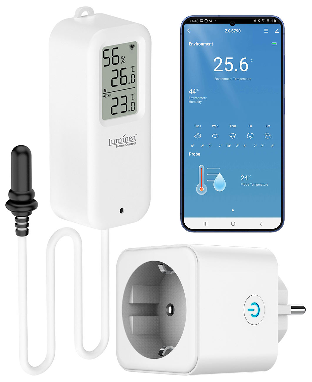 Luminea Home Control termometro digitale: Misuratore di temperatura/umidità WiFi con presa WiFi, app (prese wlan, termometro igrometro con sensore)
