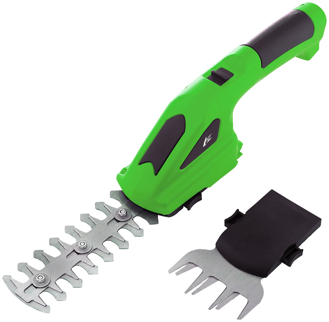 AGT cesoia per arbusti cesoia per cespugli: Forbici da giardino a batteria con 2 attacchi, 1.500 mAh, 7,2 Volt, verde. (tagliaerba a filo tagliaerba)