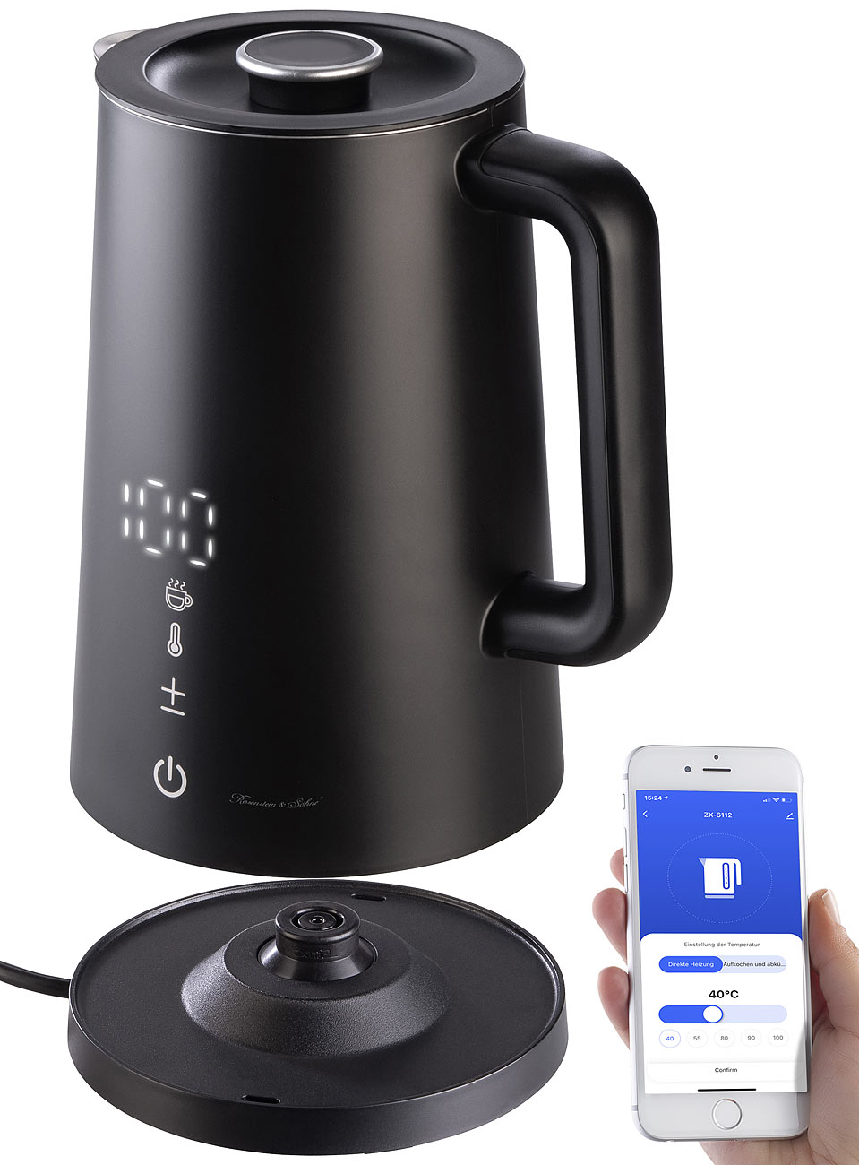 Rosenstein & Söhne Wasserkocher mit App: Smarter WLAN-Wasserkocher 1,7 l Cool-Touch, Versandrückläufer (Doppelwandiger Wasserkocher, Wasserkocher mit)