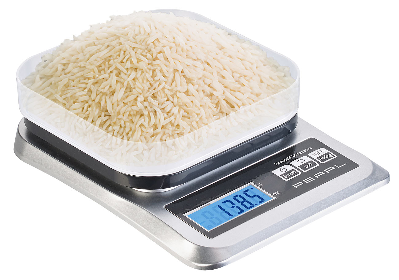 PEARL Küchenwaage Akku USB: Digitale Akku-Küchenwaage bis 5 kg, mit großem Display und Mess-Schale (Digitale Waage, Digitale Akku Waage)