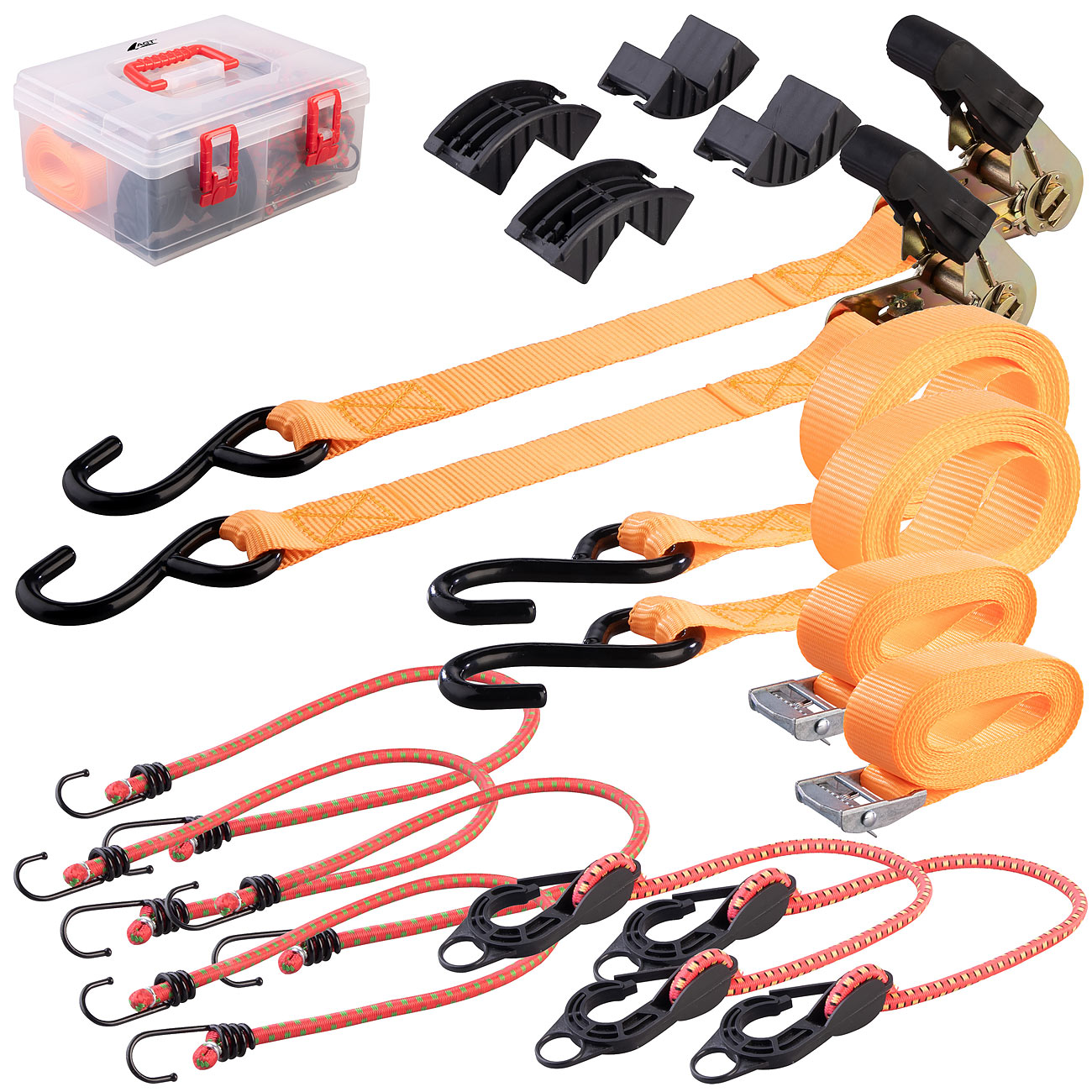 AGT Spanngurt: 14-tlg- Spanngurtset zur Ladungssicherung, zert. nach DIN EN 12195-2 (Gepäckträger-Spanngurte, Ratschenspanngurte)