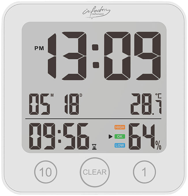 infactory reloj de ducha: Reloj de baño digital, termómetro/higrómetro, LCD, devolución de envío (reloj de ducha, reloj de baño para colgar, reloj)
