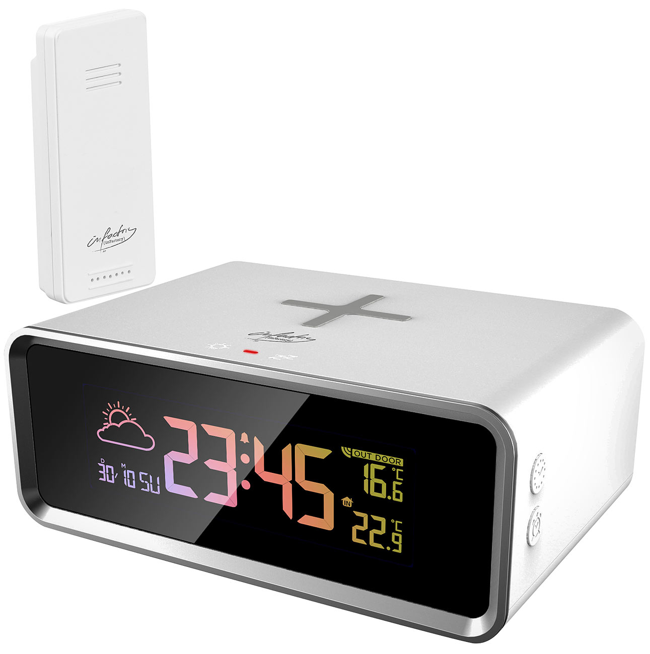 infactory induktives Ladegerät: Funk-Wetterstation, Qi-kompatibles Ladegerät & Wecker, Sensor, 10 W (kabelloses Ladegerät, Qi Handyhalter)