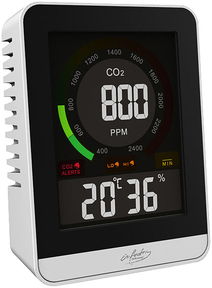 infactory Co2-Messgerät Raumluft: Digitales CO2-Messgerät mit Temperatur, Luftfeuchtigkeit, Uhr & Wecker (Co2 Sensor, Kohlendioxid Messgerät)