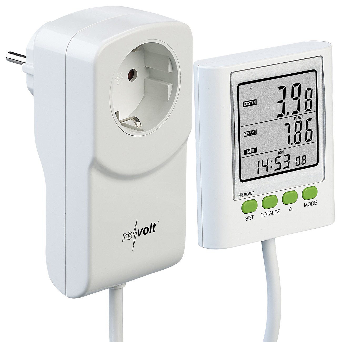 revolt Stromverbrauchsmesser: Digitaler Energiekosten-Messer & Strom-Zähler, 2 Tarife, CO2-Anzeige (Digitaler Energiekostenmesser, Dual)