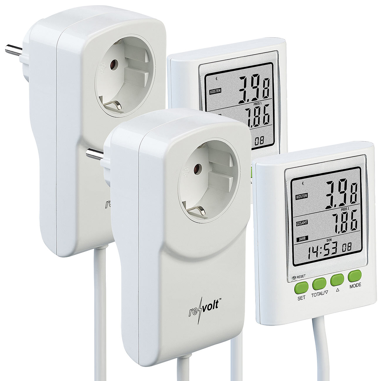 revolt Stromverbrauch Messgerät: 2er-Set Energiekosten-Messer & Stromverbrauchs-Zähler, 2 Tarife (Energiemessgeräte, KW-Zähler für Steckdose)