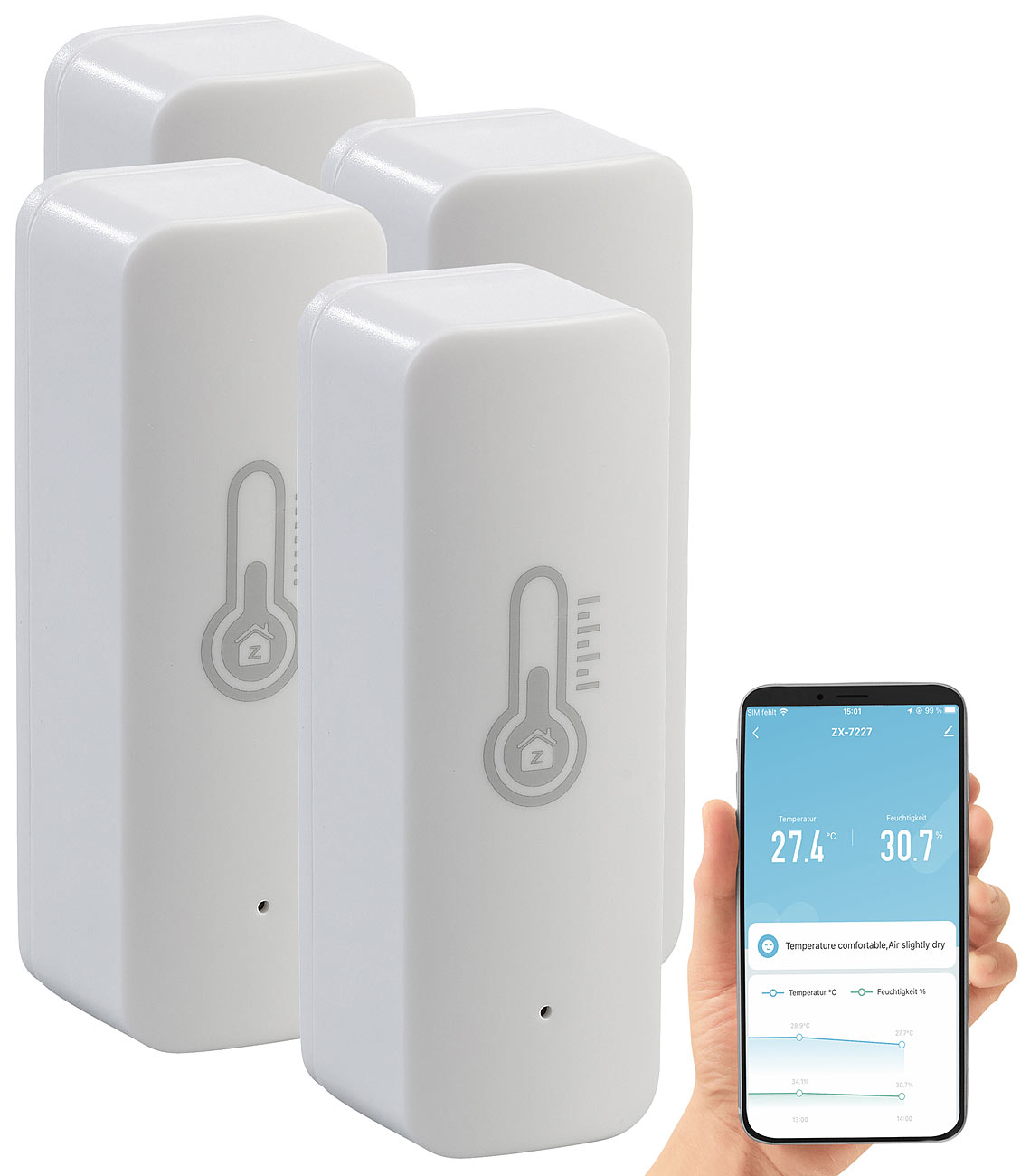 Luminea Home Control termometro zigbee: Set di 4 sensori ZigBee per temperatura e umidità con app (termometro smart home zigbee, sensore di)