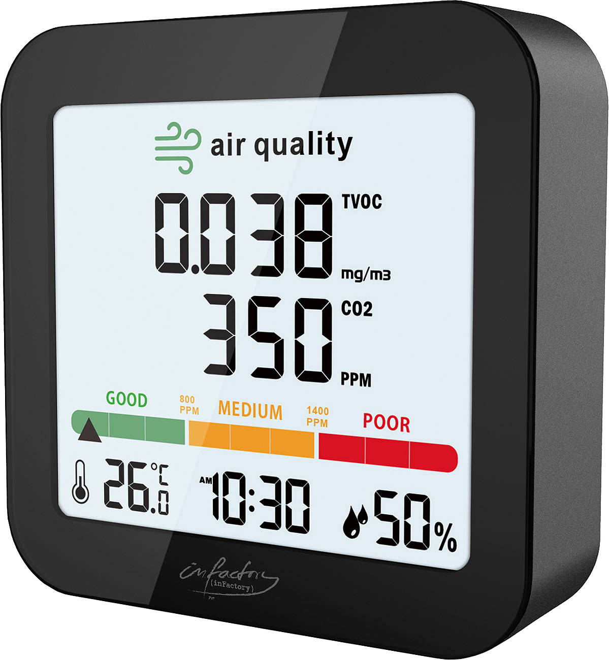 infactory misuratore qualità aria misuratore qualità aria: Misuratore di batteria per TVOC, con indicatore di CO2, orologio, termo-/igrometro)