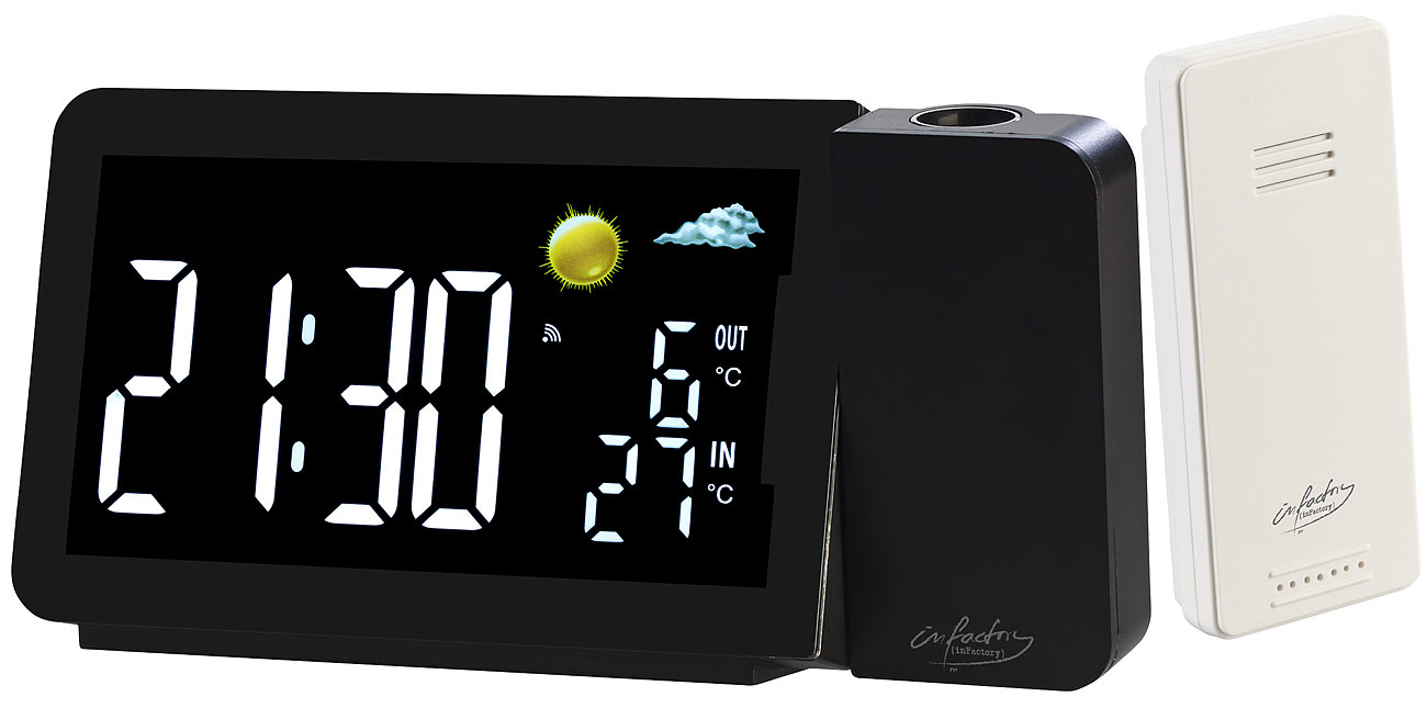 infactory station météo professionnelle sans fil station-météo-radio-professionnelle: Station météo radio avec réveil projeté, capteur extérieur,