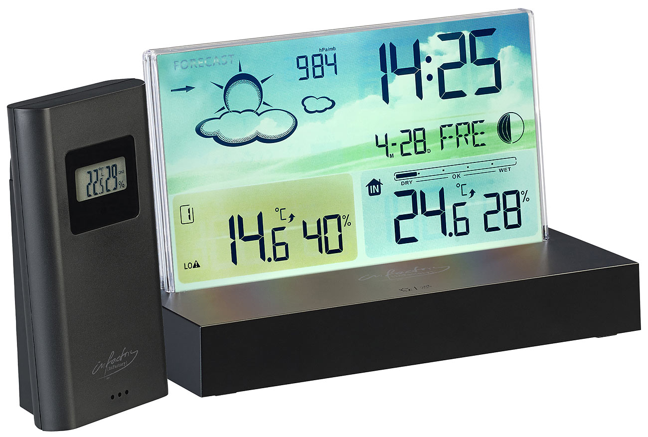 infactory Funkuhr: Funk-Wetterstation mit rahmenlosem LCD-Display, Außensensor, Funk-Uhr (Wetterstation Farbdisplay, Wetterstation Weckzeit)