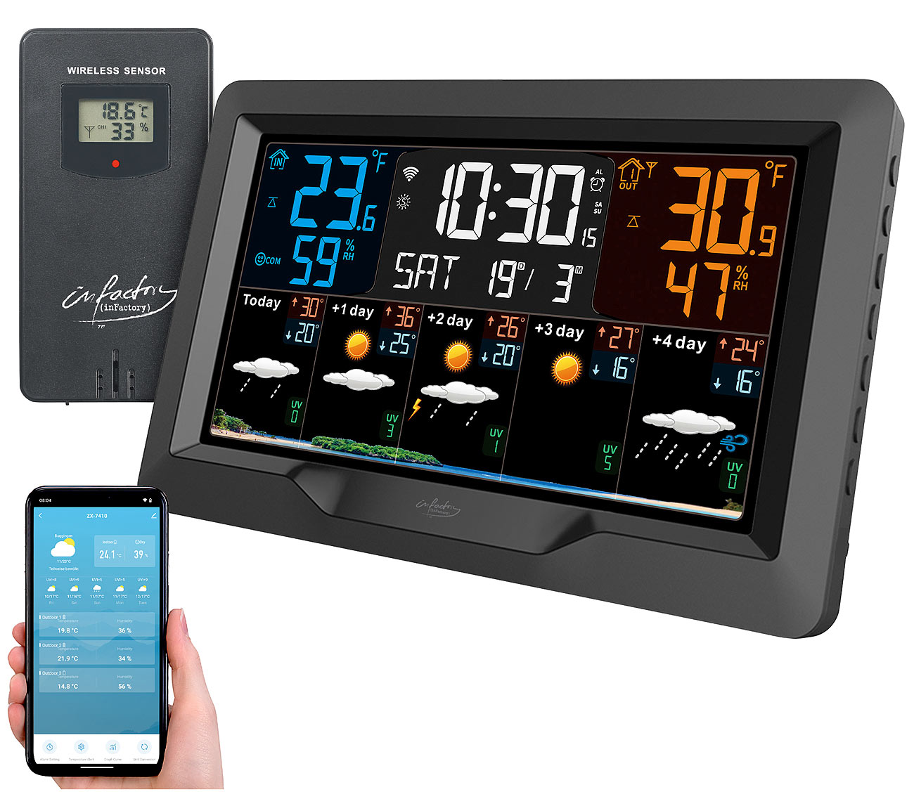 infactory stazione meteorologica wlan stazione meteo Wi-Fi: Stazione meteorologica wireless, indice UV e tendenze meteo, sensore esterno, app)