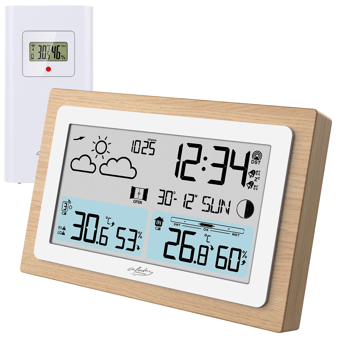 infactory Aussensensor: Funk-Wetterstation im Echtholz-Rahmen, Wettervorhersage, Uhr, Wecker (Wetterstation mit Vorhersage, Funk Wetterstationen mit)