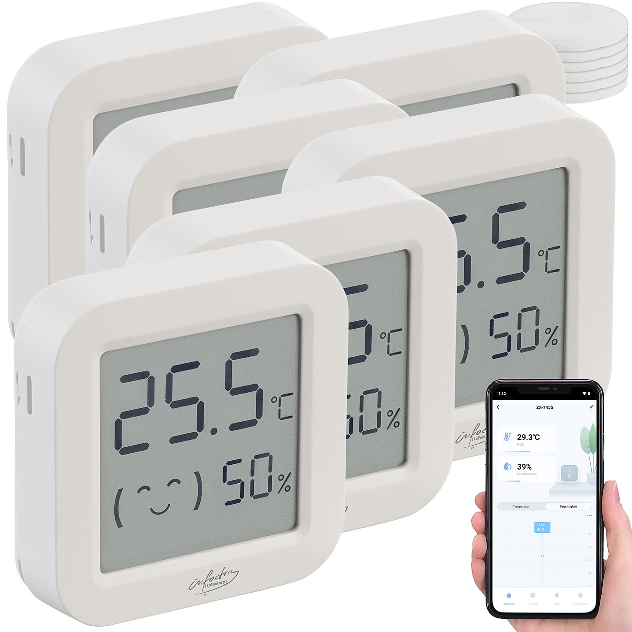 infactory Mini Thermometer: 6er-Set Mini-Thermo-/Hygrometer, Komfort-Anzeige, LCD, Bluetooth, App (Temperatur Bluetooth, Raum-Klima Rekorder)