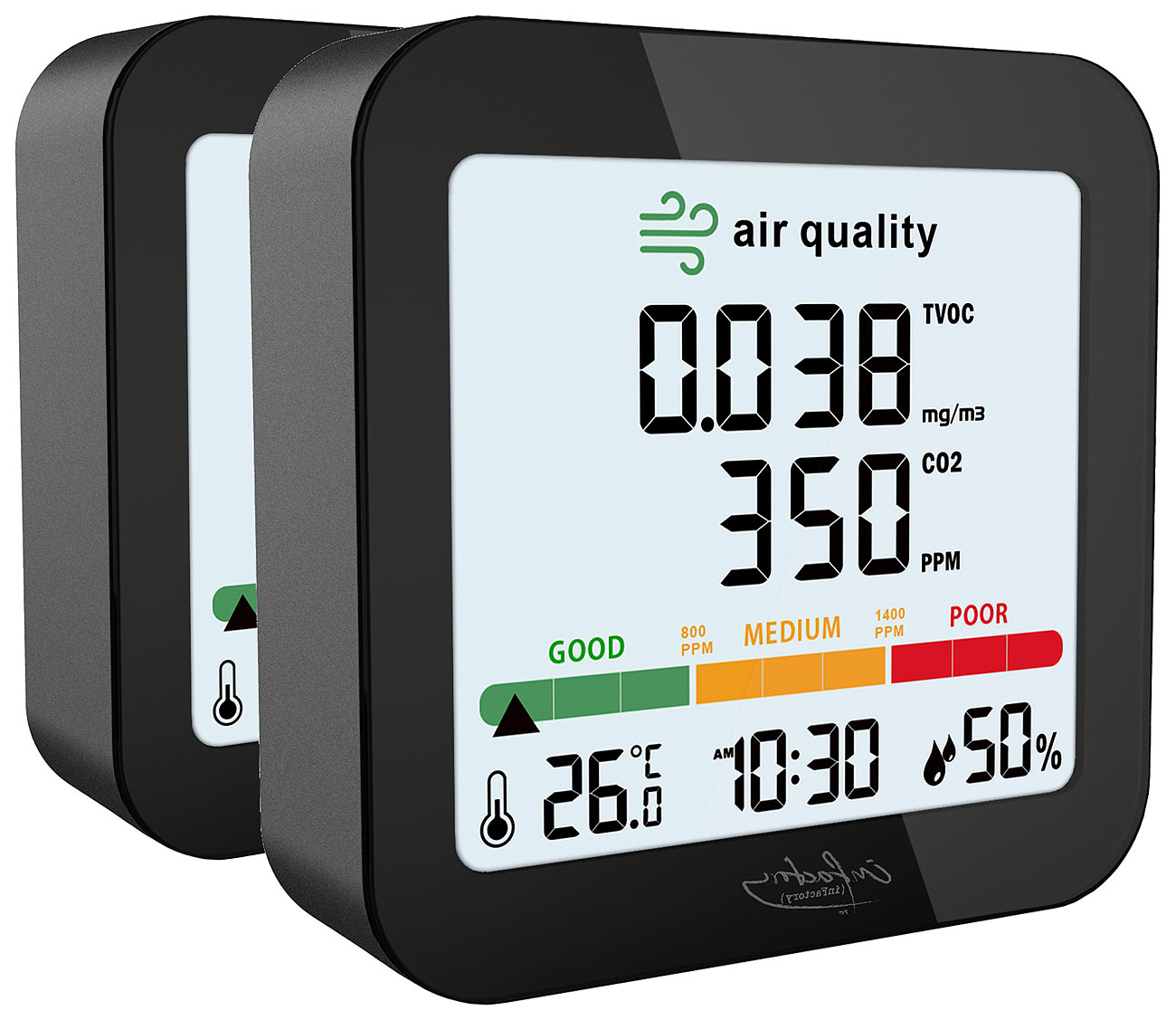 infactory co2 meter: 2-delige set accu meetapparatuur voor TVOC, met CO2-weergave, thermo-/hygrometer (co2 meter, luchtkwaliteitsmeter, thermometer)