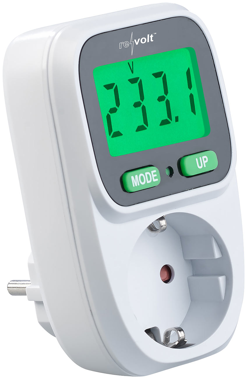 revolt Energiemessgerät: Digitaler Energiekostenmesser, beleuchtetes LCD-Display, bis 3.680 W (Strommessgerät Steckdose, Steckdosen mit integrierten)