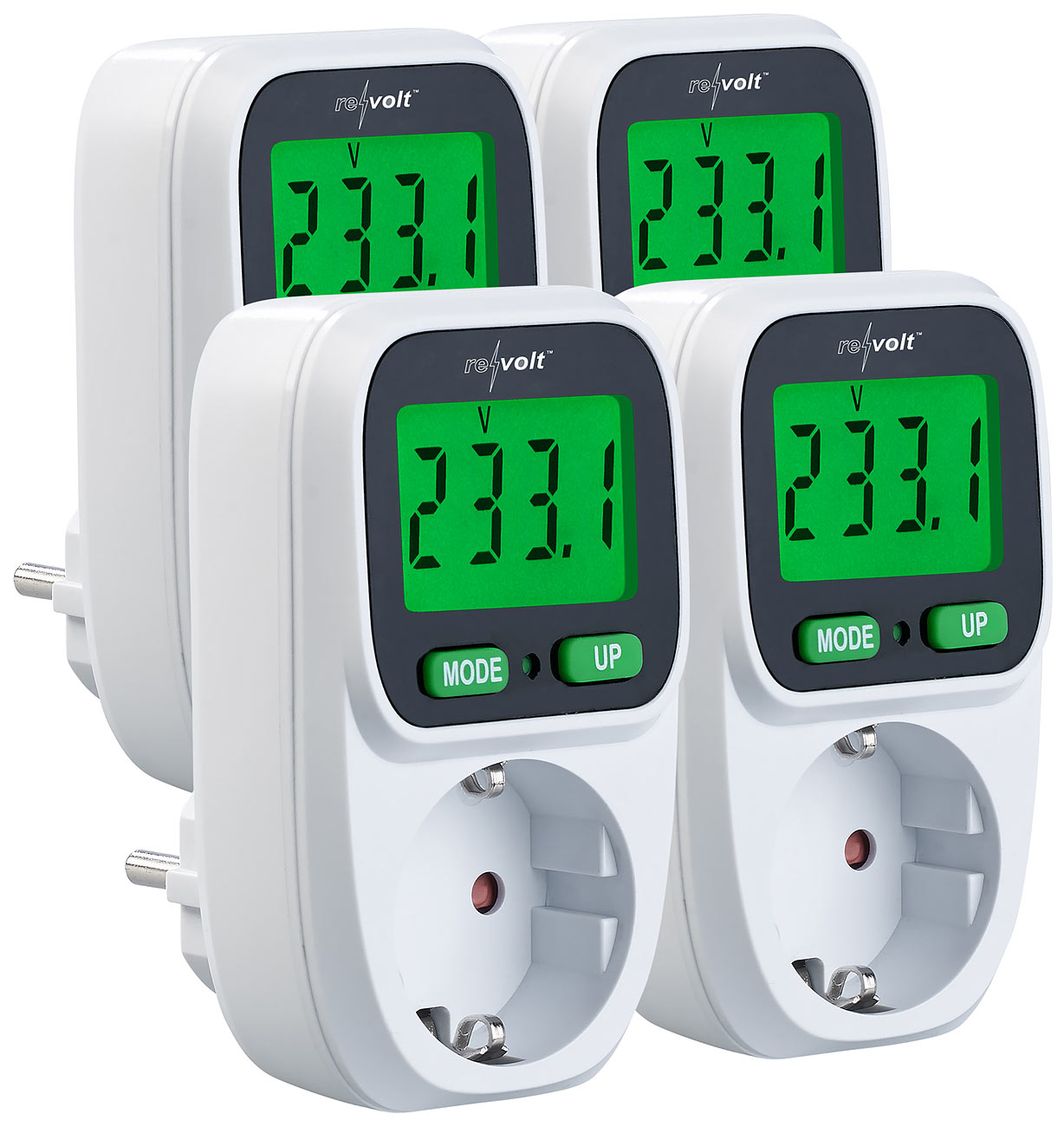 revolt Energiemessgerät: 4er-Set Digitaler Energiekostenmesser, LCD-Display, bis 3.680 W (Strommessgeräte, Verbrauchszähler für Energiekosten)