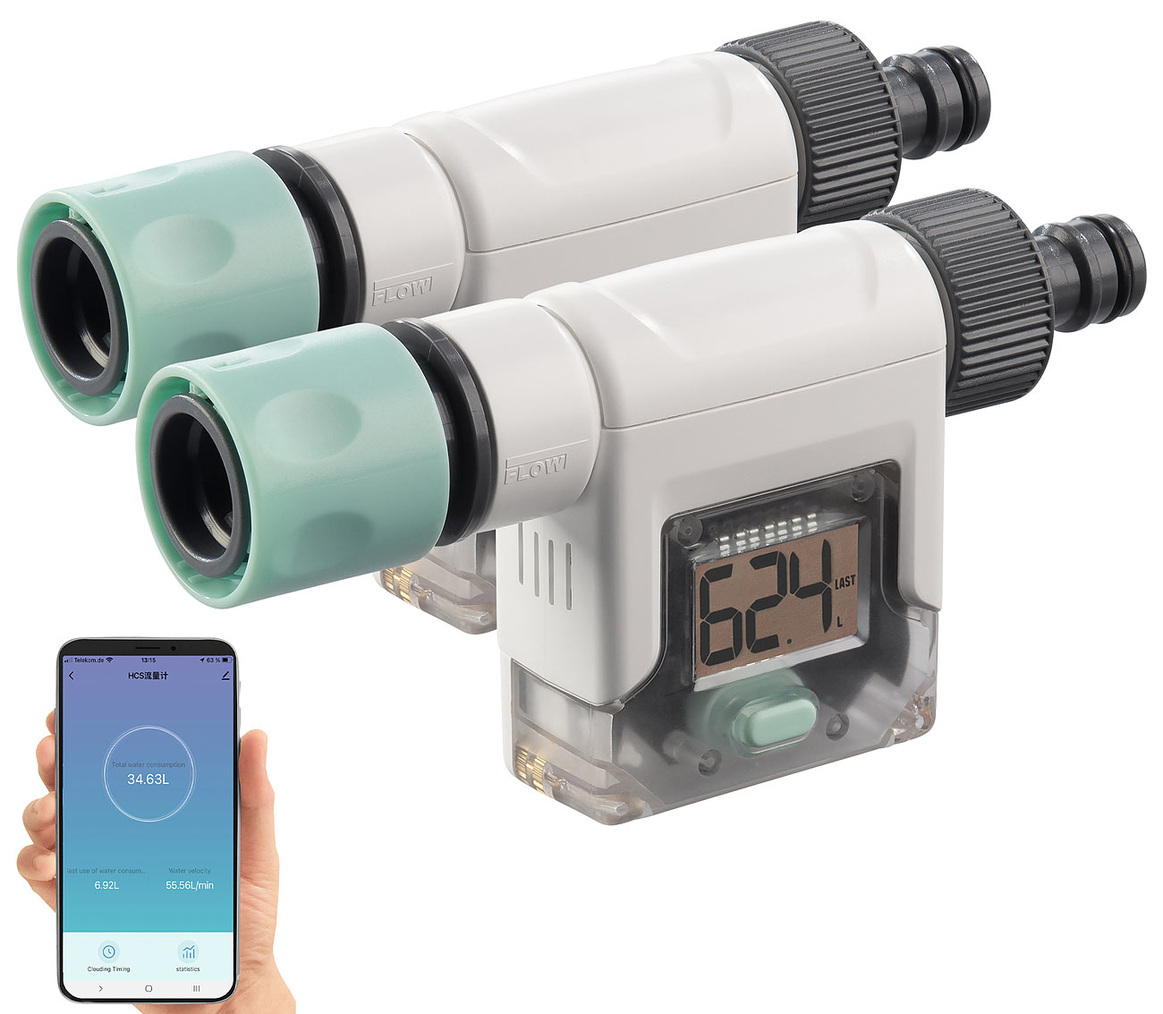Royal Gardineer misuratore di flusso da giardino: Set di 2 contatori d'acqua smart per tubo da giardino, display, Bluetooth, app (misuratore consumo)
