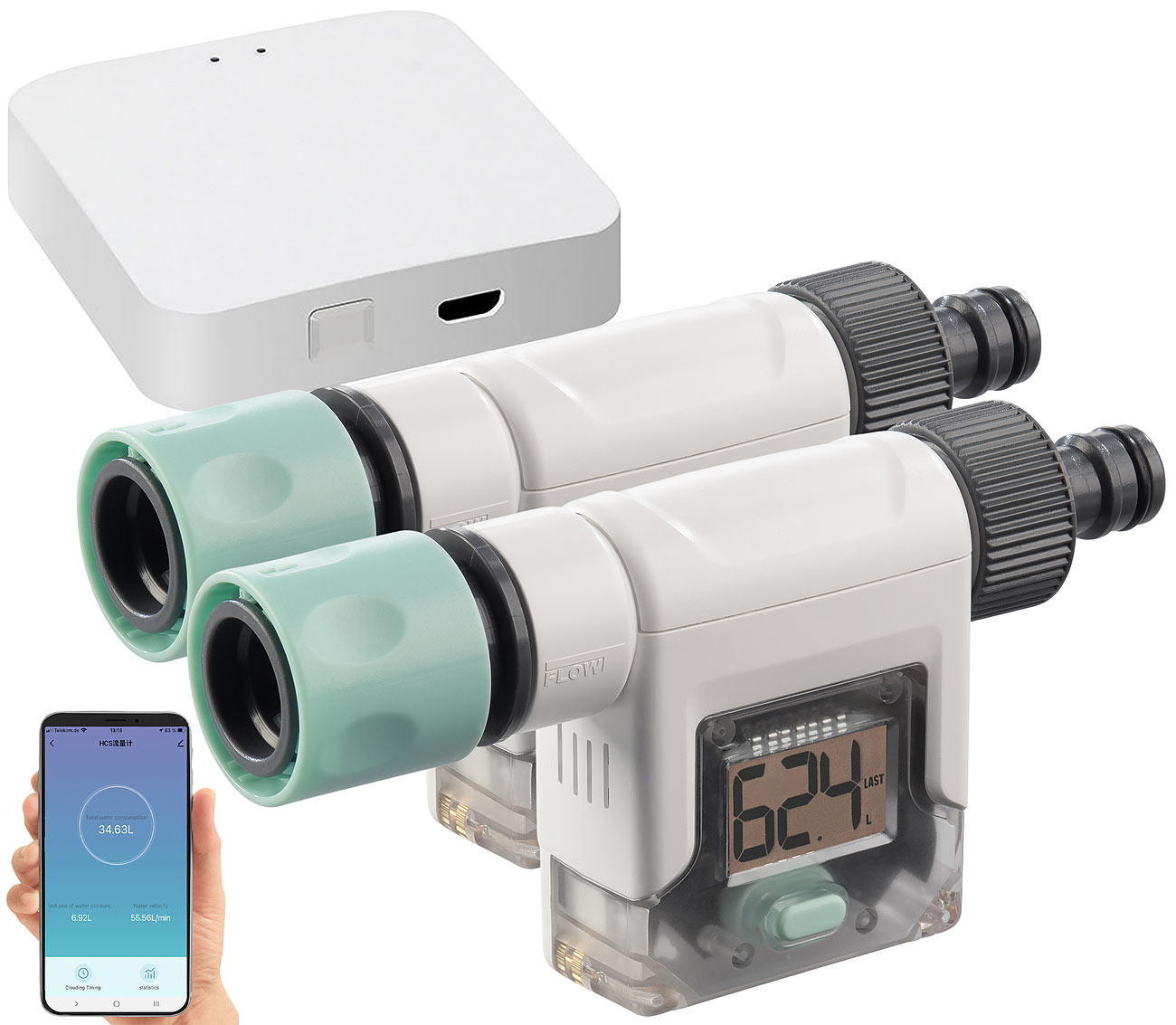 Royal Gardineer contatore dell'acqua da giardino: Set di 2 contatori d'acqua intelligenti per tubo da giardino, con gateway Wi-Fi e app (contatore)