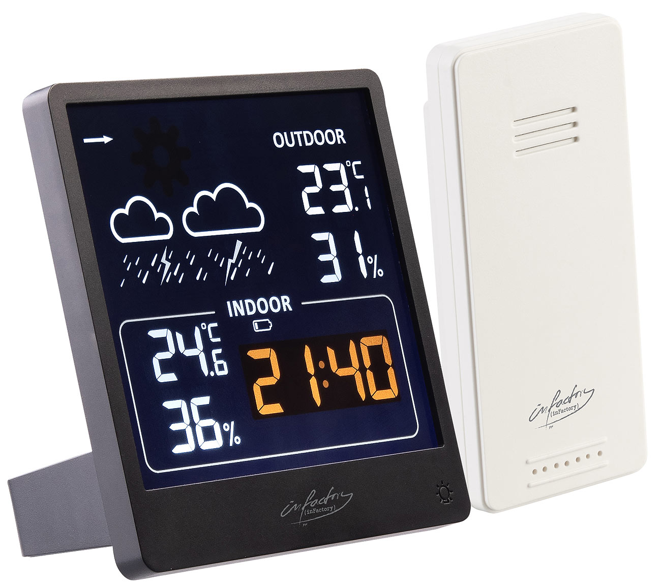 infactory innen Außenthermometer: Wetterstation mit Außensensor, VA-Farbdisplay, Wetterprognose, schwarz (Funk Wetterstationen, Messinstrument)