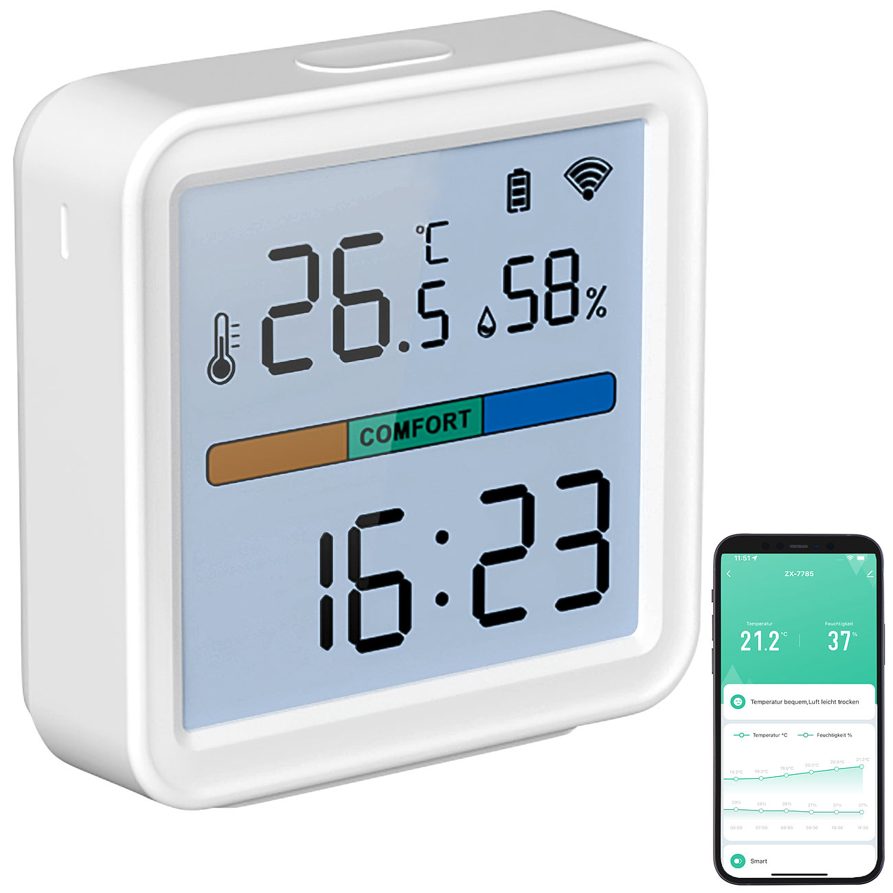 Luminea Home Control termómetro wifi: Sensor de temperatura y humedad WiFi, registrador de datos para 12 meses (termómetro wifi, termómetro WiFi)