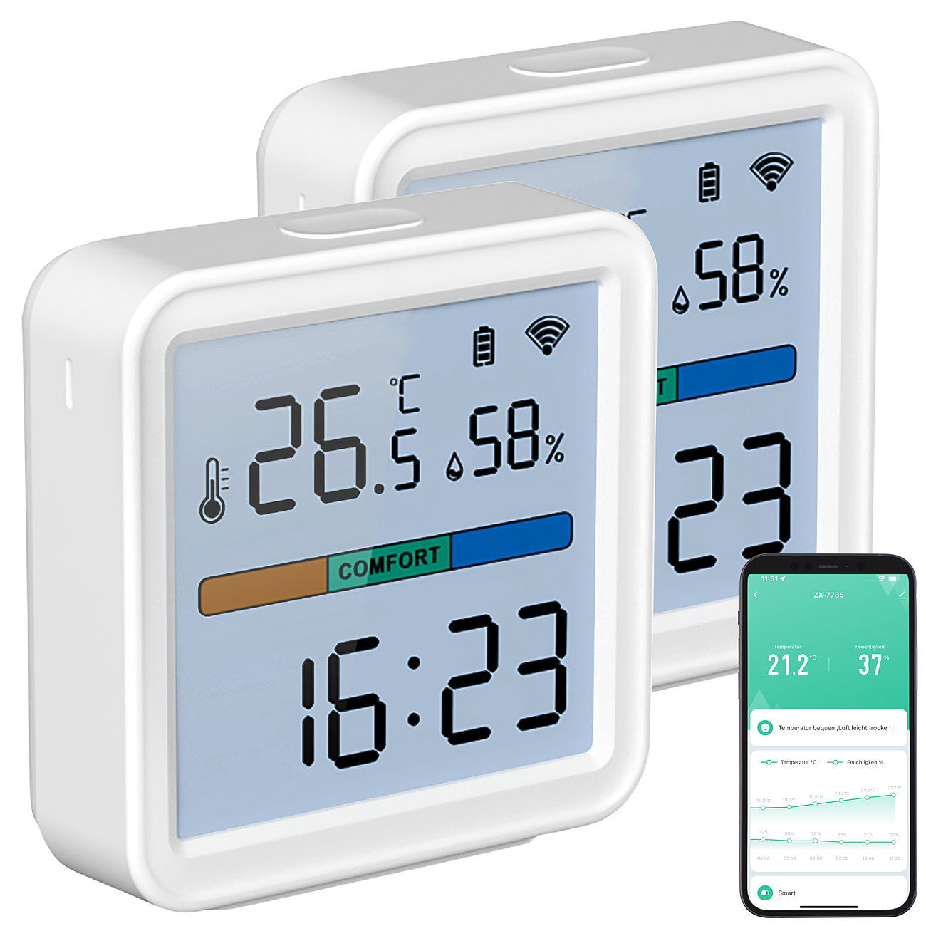 Luminea Home Control temperatuurlogger: 2-pack WLAN-temperatuur- en luchtvochtigheidssensor, datalogger (temperatuurlogger, wlan hygrometer, wlan)