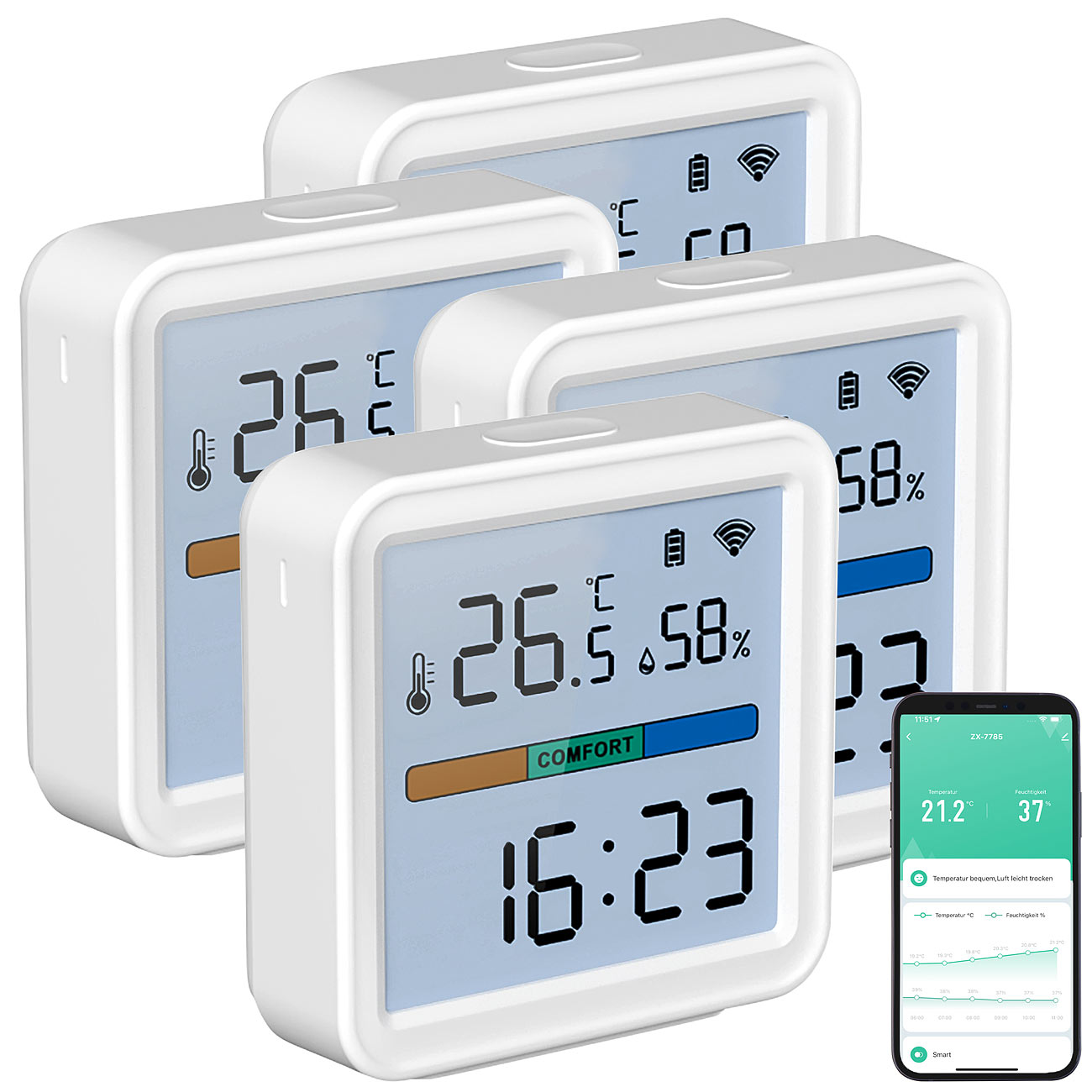 Luminea Home Control Temperaturlogger: 4er-Set WLAN-Temperatur- und Luftfeuchtigkeitssensor, Datenlogger (Thermometer Elesion)