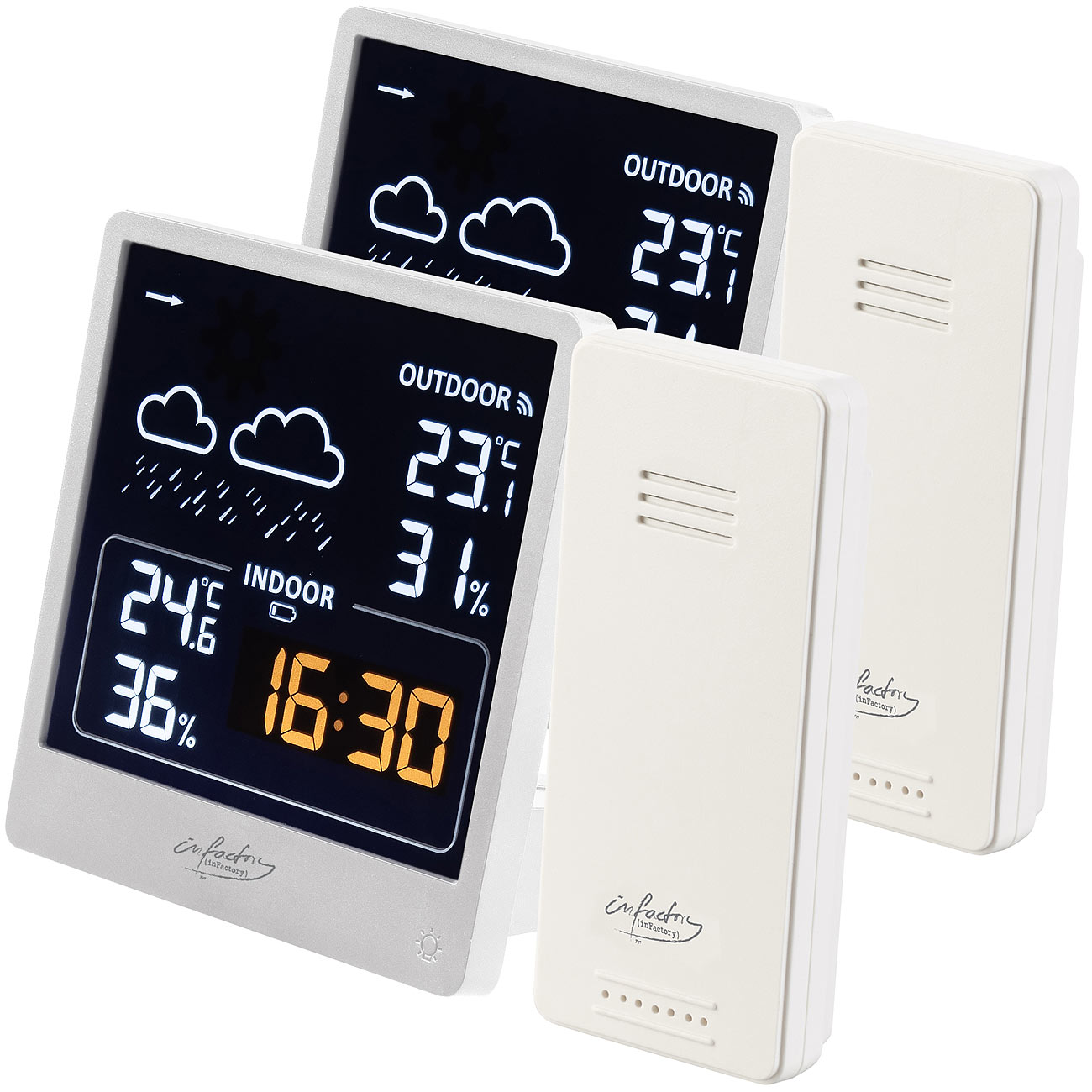 infactory barómetro digital: Juego de 2 estaciones meteorológicas con sensor exterior, pantalla a color VA, blanca (barómetro digital, termómetro)