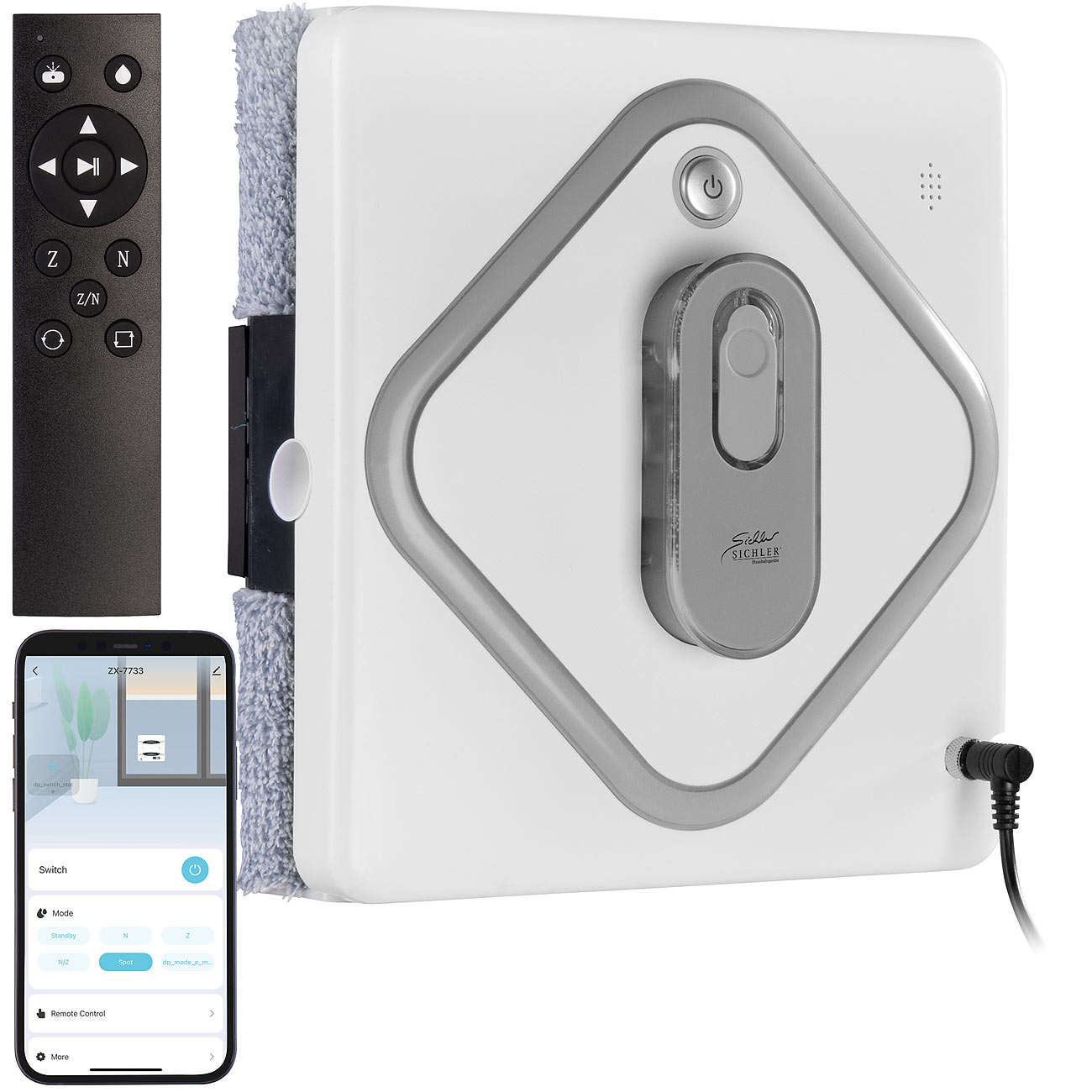 Sichler Fensterputzer Roboter: Profi WLAN Fensterputzroboter, Motorrollen, 3 Sprühköpfe, Remote, App (Fensterroboter für Wintergarten)