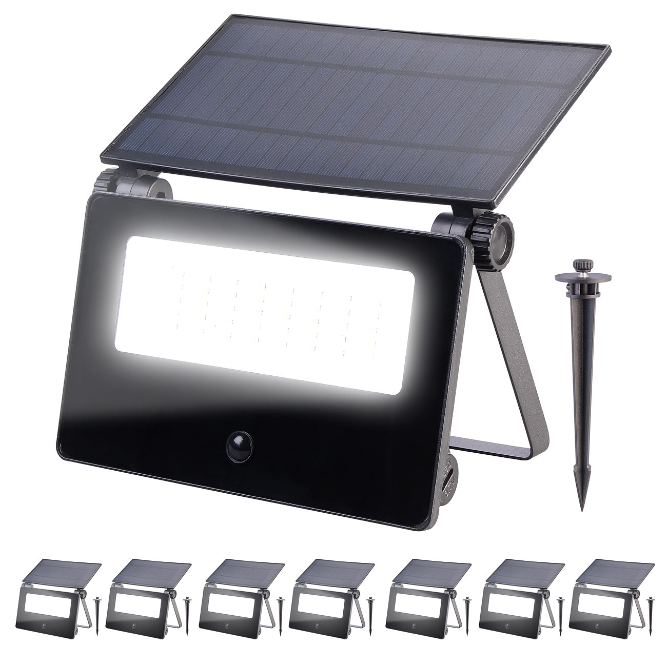 Luminea lampada solare a picchetto da terra: Set di 8 faretti da giardino a LED solari, sensore PIR, 1.300 lm, 2x 1.800 mAh (faro solare con sensori)