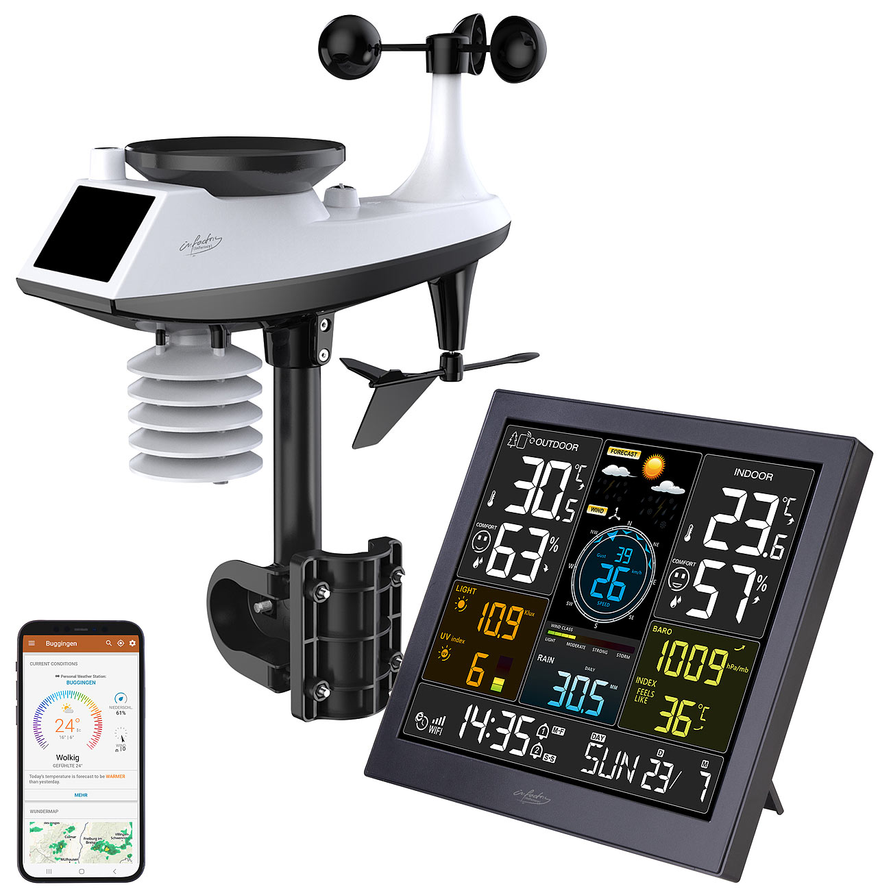 infactory Hygrometer: WLAN-Funk-Wetterstation mit XL-Farbdisplay, App, Weather Underground (Wetterstation mit Regenmesser, Wetterstation Balkon)