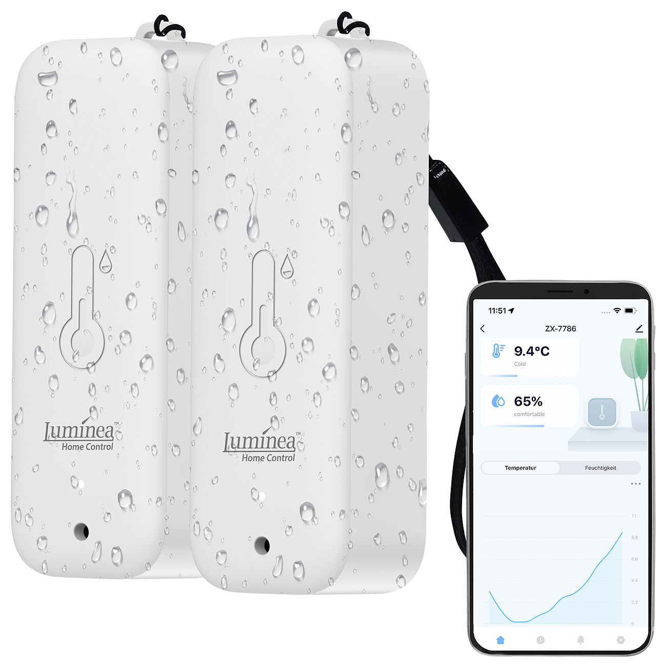 Luminea Home Control igrometro digitale mini: Set di 2 termometri e igrometri con Bluetooth e app, resistenti alle intemperie, IP65 (termometro)