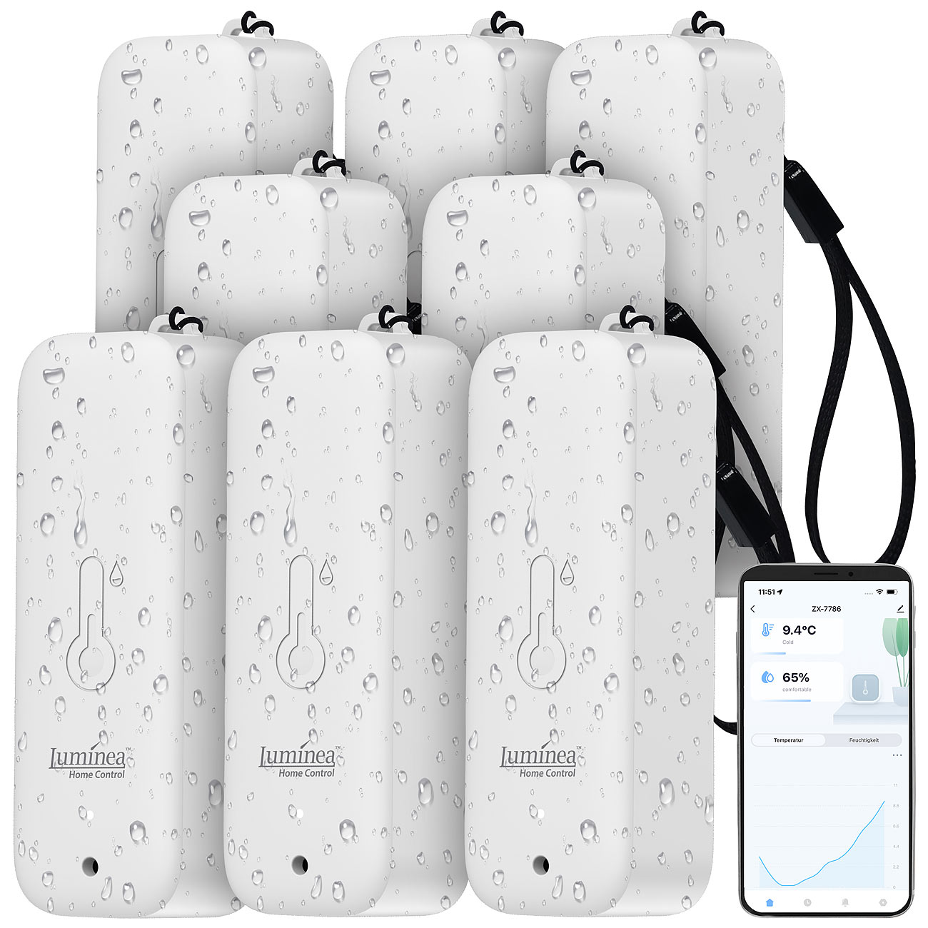 Luminea Home Control Funk Sensor: 8er-Set Thermometer & Hygrometer mit Bluetooth & App, wetterfest, IP65 (Thermometer für Außenbereiche, Smart)