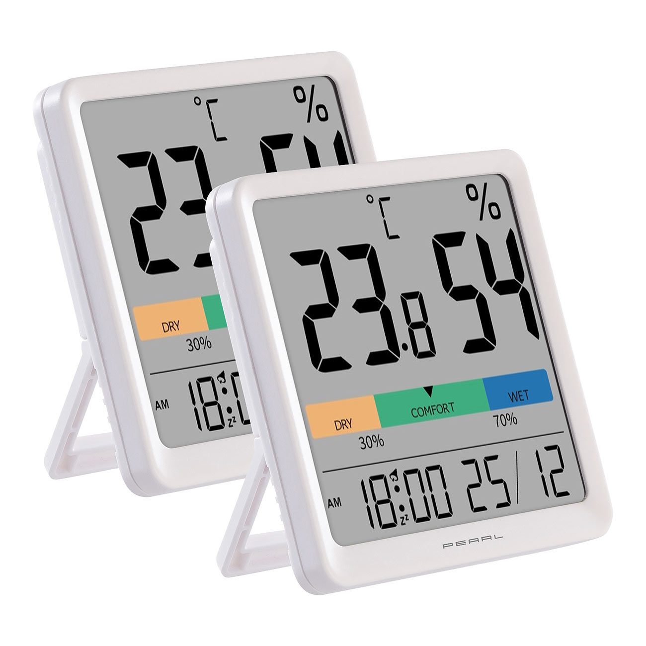 PEARL Raumthermometer: 2er-Set Thermo- und Hygrometer, Komfort-Anzeige, Uhrzeit und Wecker (Hygro-Thermometer mit Uhr, Raumklima-Messgerät mit Uhr)