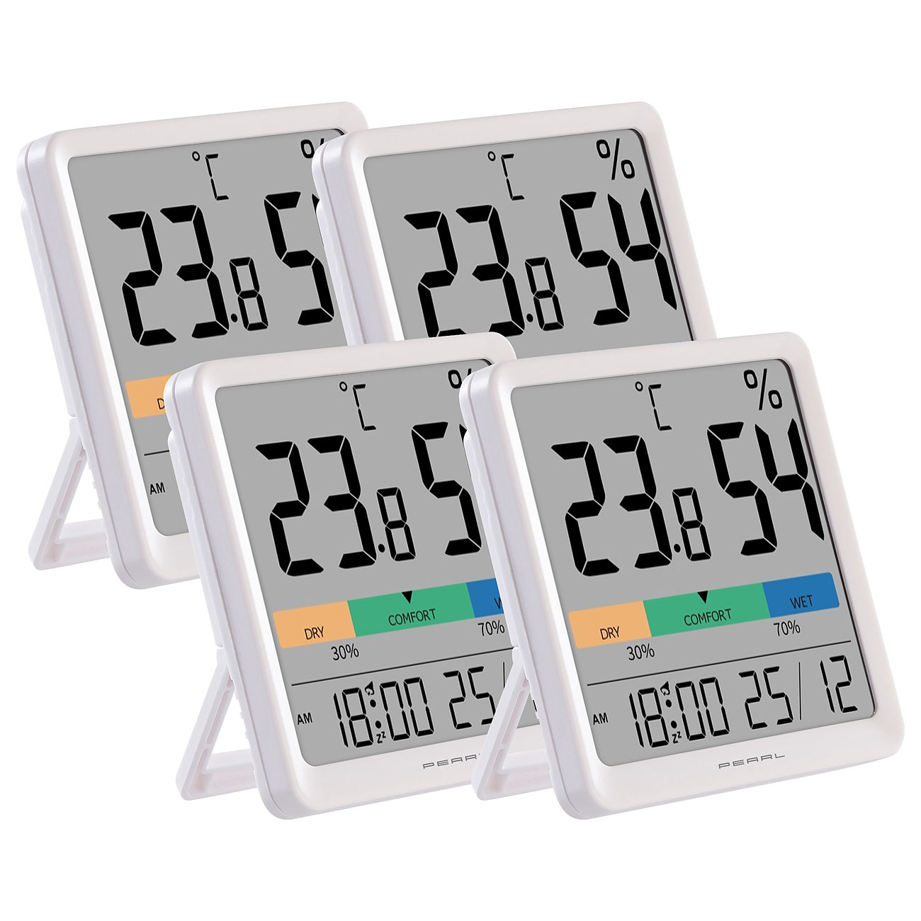 PEARL Temperatur Messgerät: 4er-Set Thermo- und Hygrometer, Komfort-Anzeige, Uhrzeit und Wecker (Digitale Thermo-Hygrometer, Raumklima-Messgerät mit)