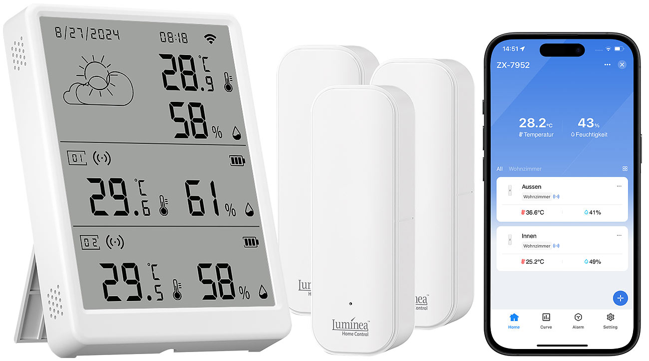 Luminea Home Control termometro wifi esterno: Set di temperatura e umidità WLAN con display, 3 sensori (igrometro termometro domestico, monitor)
