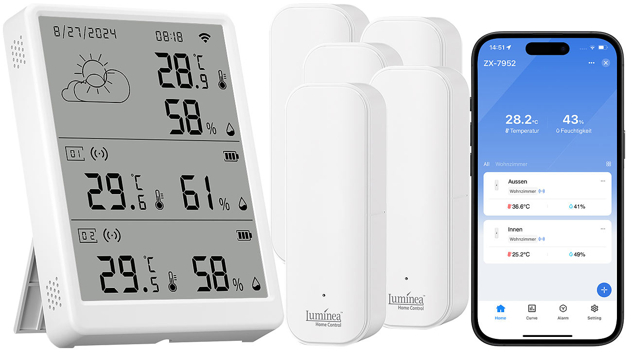 Luminea Home Control Datenlogger: WLAN-Temperatur- & Luftfeuchtigkeits-Set mit Display, 5 Sensoren (Thermometer Hygrometer Uhr)