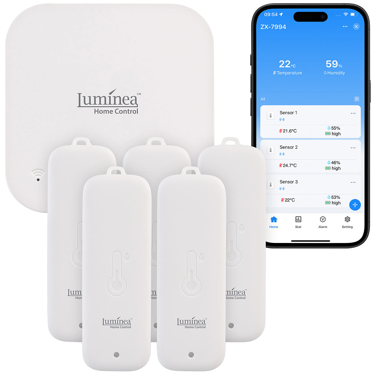 Luminea Home Control sensore interno-esterno: Set di 5 sensori di temperatura e umidità, gateway Wi-Fi, app, IP65. (misuratori di umidità dell'aria)