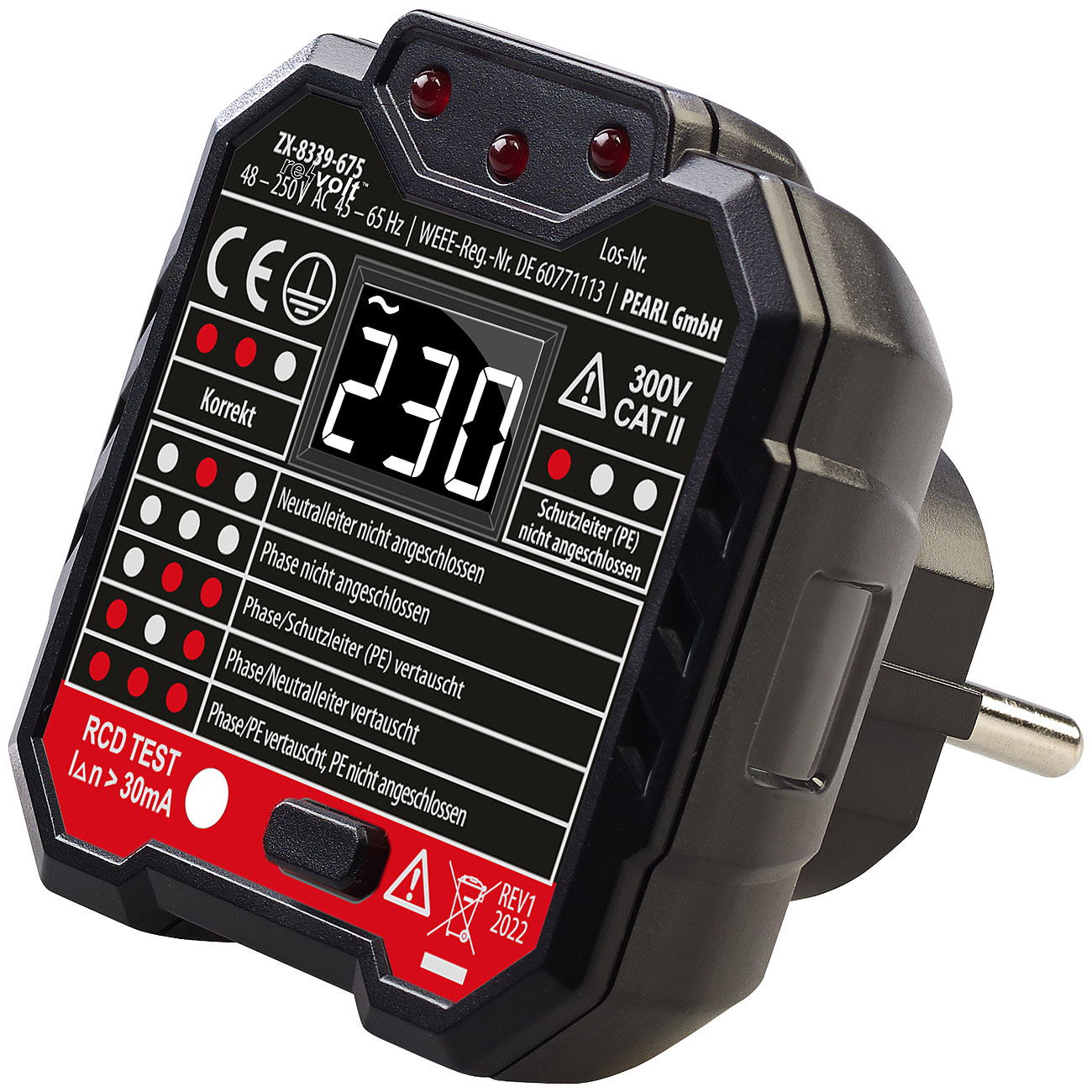 revolt probador de enchufes: Probador de enchufes con pantalla LCD, prueba de RCD, indicador LED, 48-250 voltios (probador de enchufes, probador de)