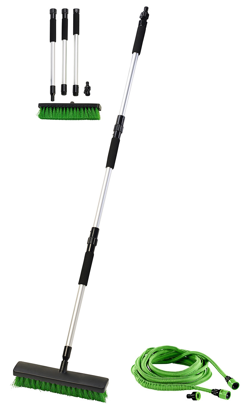 Royal Gardineer Teleskop Waschbürste: 2in1-Waschbesen mit dehnbarem Gartenschlauch, 7 bis 20 m (Schlauchbesen, Schrubberbürste)