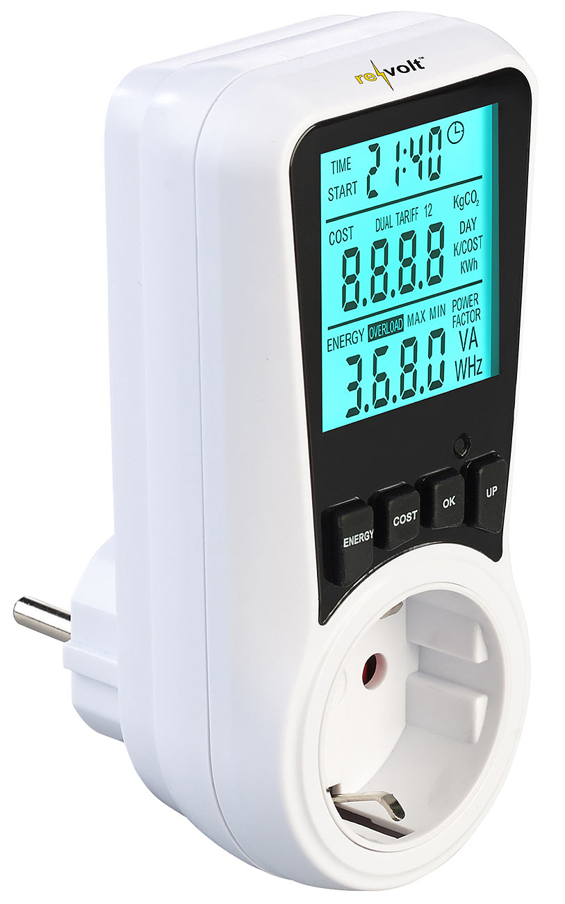 revolt Stromkostenmessgerät: Digitaler Energiekostenmesser mit beleuchtetem XXL-Display, 2 Tarife (Wattmeter, Verbrauchszähler, Doppeltarif-Zähler)
