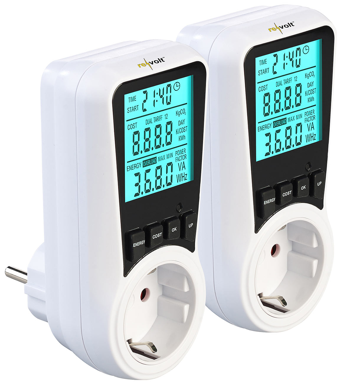 revolt Dual Stromzähler: 2er-Set digitale Energiekostenmesser mit XXL-Display, 2 Tarife (Dual-Energiekostenmesser, Digitale Energiekosten Messer)