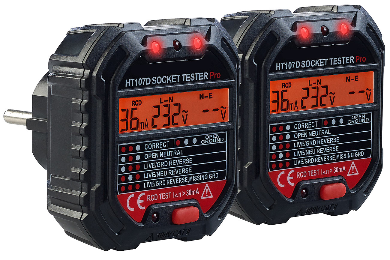 revolt Steckdosentester deutsch: 2er-Set Steckdosentester mit Farb-Warn-Display, RCD-Test, LEDs, 250 V (Digitale Steckdosentester)
