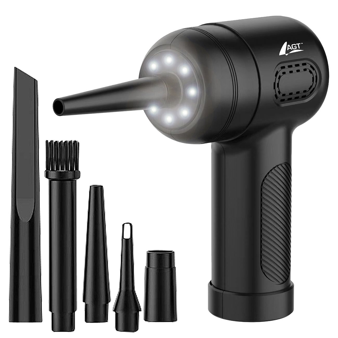 AGT soplador de aire comprimido a batería: Soplador de polvo a batería con 4,8 kPa, 3 niveles, 3.000 mAh, LED, 5 adaptadores (soplador de aire)