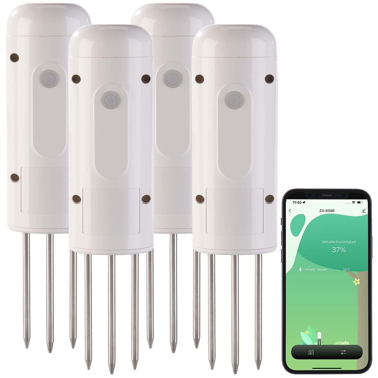 Luminea Home Control sensore di umidità sensore di umidità: Set di 4 sensori di umidità e temperatura smart ZigBee per il suolo (monitor per piante)