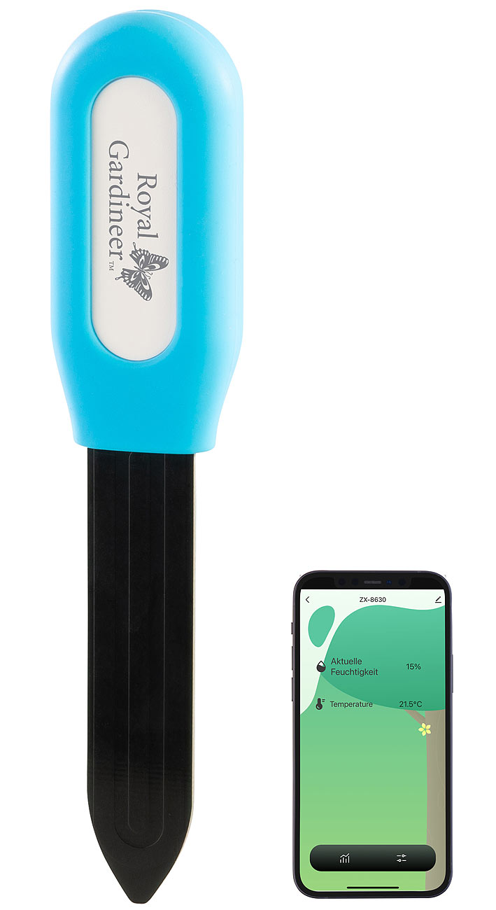 Royal Gardineer Bodenfeuchtesensor WLAN: Smarter Pflanzen-Bodenfeuchtigkeits- & Temperatursensor, BT, App, IP44 (Bodenfeuchtesensor WiFi)