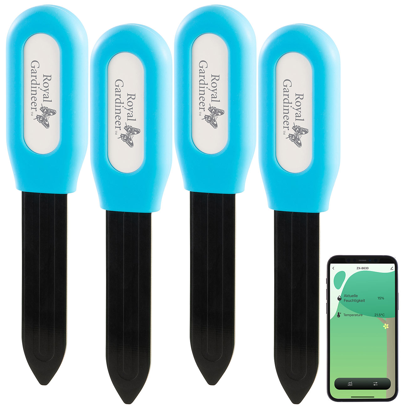 Royal Gardineer Feuchtigkeits-Sensor: 4er-Set smarte Pflanzen-Bodenfeuchtigkeits- & Temperatursensoren, App (Pflanzenbewässerungssensor, Gartenhilfe)