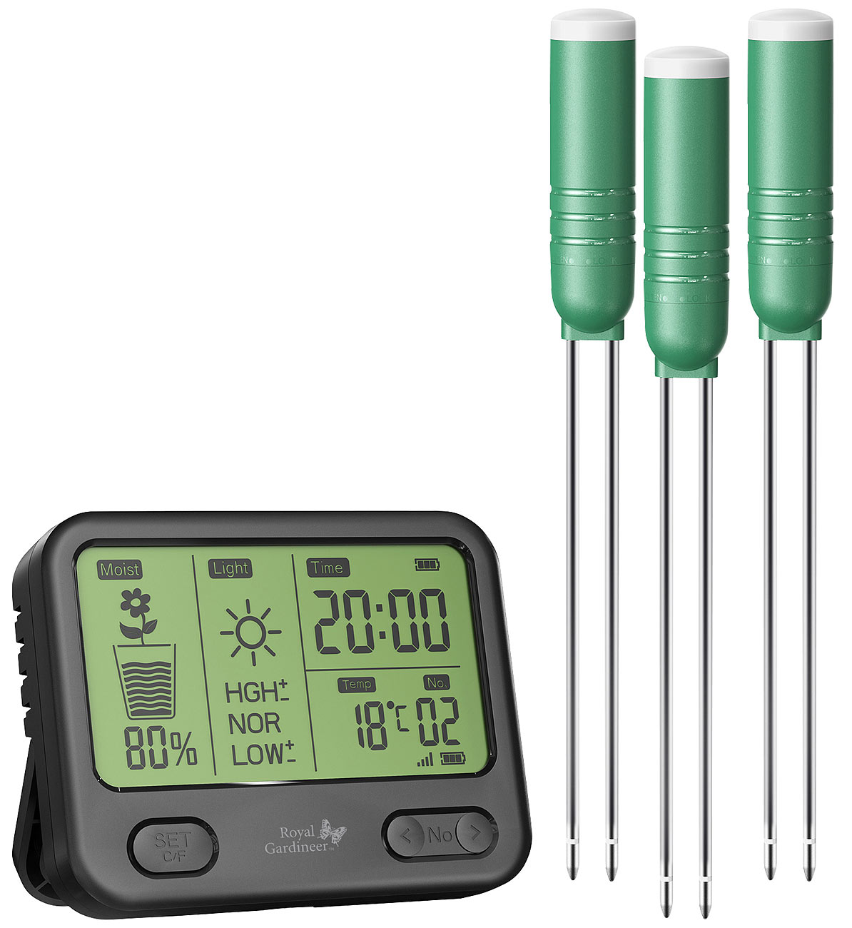 Royal Gardineer Bodenfeuchte-Hygrometer: 4in1-Funk-Boden-Feuchtigkeitsmesser-Set mit 3 Sensoren, innen und aussen (Kombi-Bodenmessgerät)